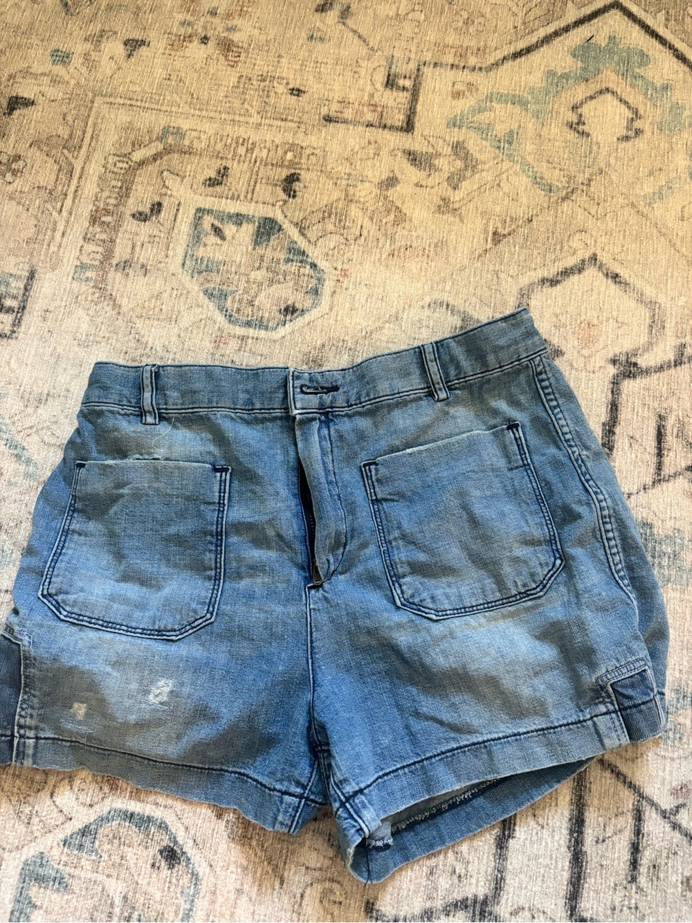 All Saints Distressed Blue Denim Utility Shorts